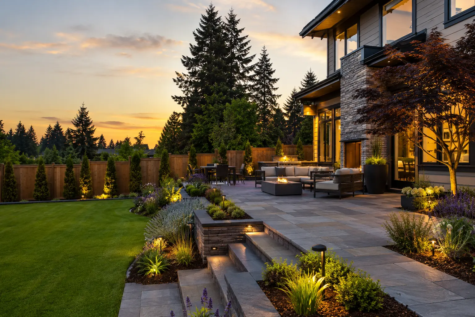 Finished residential landscaping project in Seattle: a stone paver patio bordered by manicured lawn and Pacific Northwest planting beds.